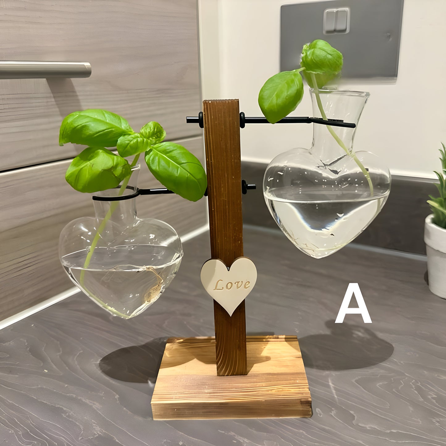 Hydroponic Plant Vase - Heart Shaped Valentines Vases Plant Cuttings Vase Wooden Stand Propagation Station Glass Desk Hydroponic System