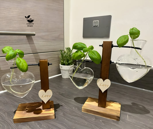 Hydroponic Plant Vase - Heart Shaped Valentines Vases Plant Cuttings Vase Wooden Stand Propagation Station Glass Desk Hydroponic System