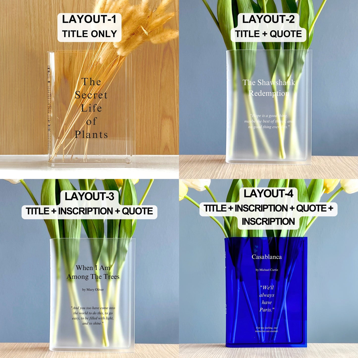 Personalizable Acrylic Book Vase Customizable Home Decor Keepsake Gifts for Readers and Book Lovers with Chosen Text or Treasured Photos