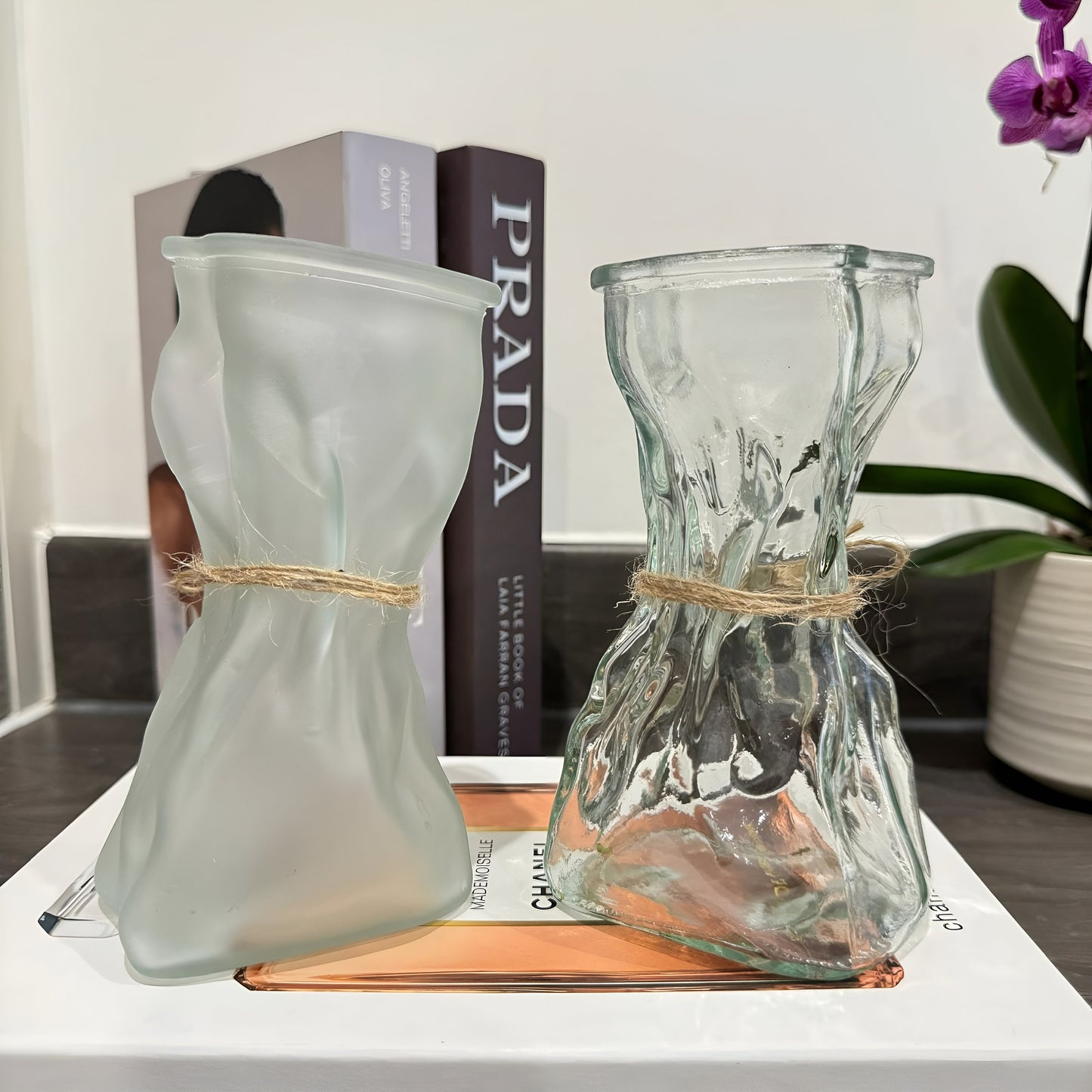 Glass Paper Bag Vase, Transparent Nordic Glassvase Bag Shape Home Flower Pot Decorer Vase Cute  Decorative Vases