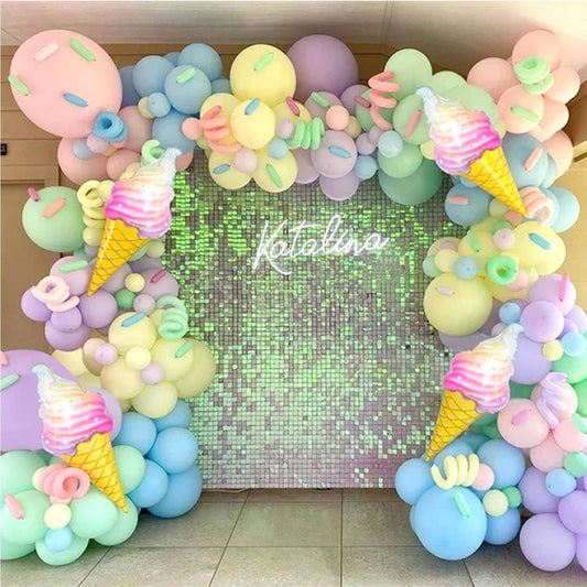 Ice Cream Party Decorations,Pastel Balloon Garland Arch Kit 145pcs Macaron Rainbow Balloon with long Balloon Ice Cream Foil Balloon for Baby Shower