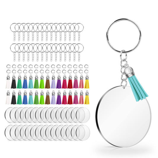 120 pcs Acrylic Keychain Blank with Key Rings Tassels Key Chain for Girls Craft,Bulk Keychain Rings,Key Chain Kit for