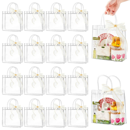 Ohuimrt 24 Pcs Clear Gift Bags with Handles, Reusable Plastic Gift Wrap Bags with Ribbon Transparent Party Favor Bags Bulk for Weddings Birthdays,